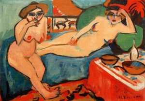 Two Nudes on a Blue Sofa